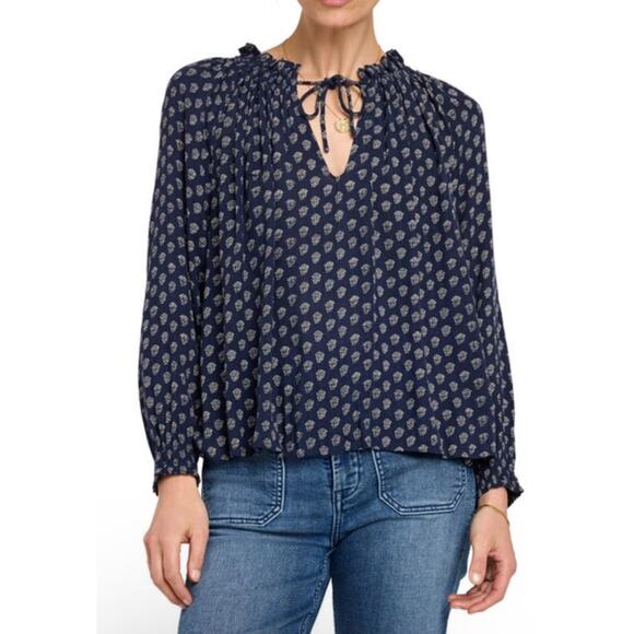 Faherty Emery Peasant Blouse in Lotus Floral Print Tie V Neckline Medium - Picture 1 of 6